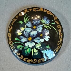 Vintage BLACK LACQUER HAND PAINTED Russian Brooch Pin BLUE GOLD MULTI FLOWERS